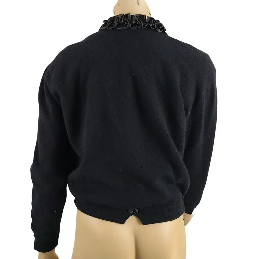 Dalton Cashmere Cardigan Vintage 50s Pinup Scroll Ruffle Trim Cinch Waist Black - Picture 2 of 16